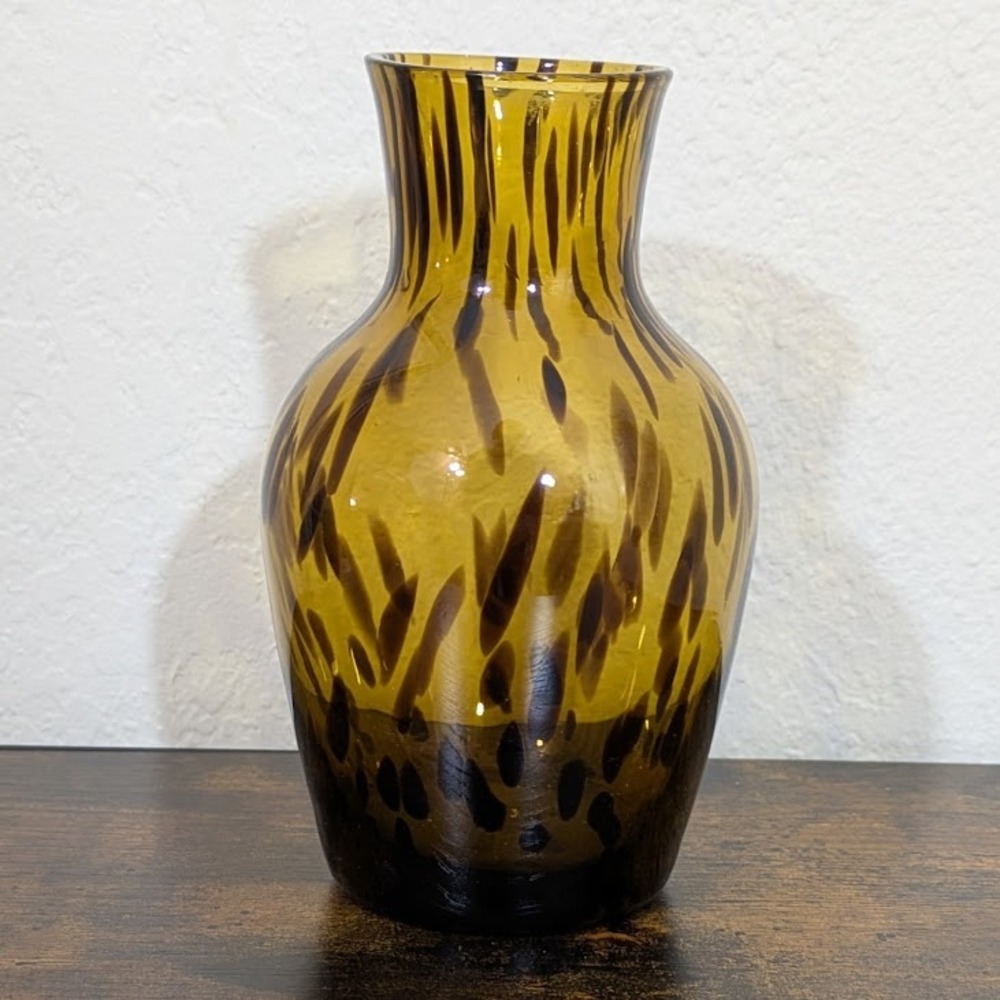 VTG Amber‎ Glass Vase Tortoiseshell Swirl Pattern Art Glass Decor Handmade